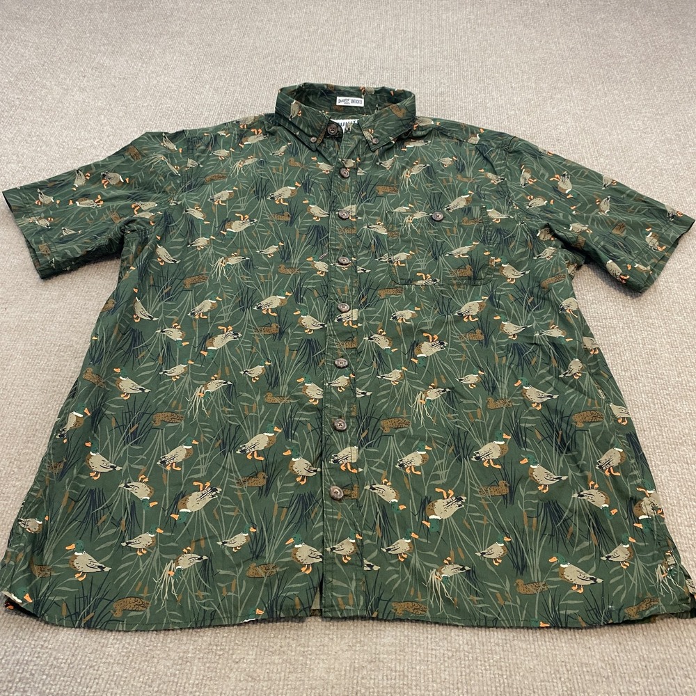 Duluth Trading Co Shirt Mens LT Green Duck Mallard Short Sleeve Button Untucked